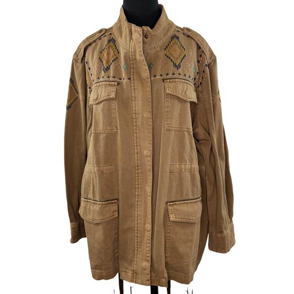 SUNDANCE Twin Rivers Light Brown Utility Jacket Embroidered Aztec Tribal Sz XXL - Picture 1 of 7